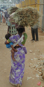 A woman bringing a dozen homemade brooms to market